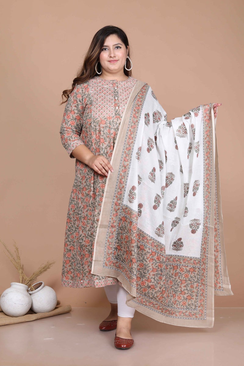 Miravan Brown Printed Anarkali Kurta & Dupatta Set for Women - Image 1